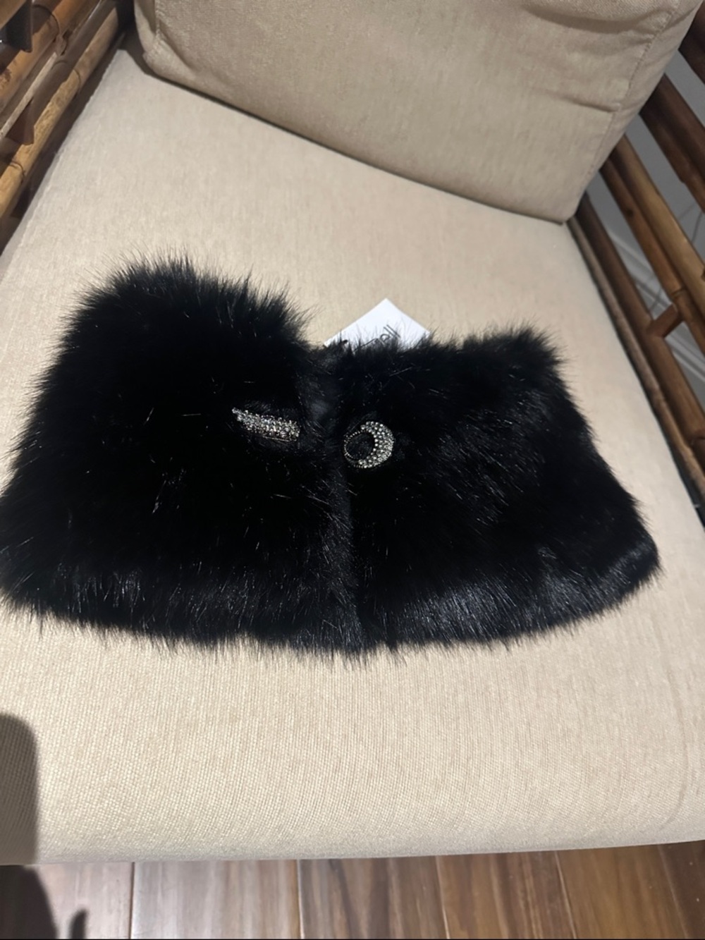 Surell Black Faux Fur Collar with Crystal Brooch Accent